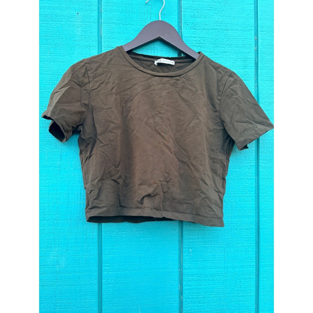 ZARA Olive Green Cropped T Shirt Women Size Large Basic Casual‎ Everyday Top